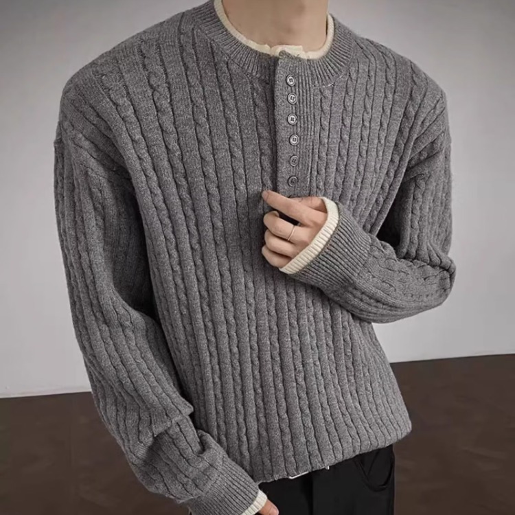 ​​Men's Slim Fit Color Block Henley Sweater – Double Layer Knit Long Sleeve (Black/Grey/Khaki, M-XXL)​​_viptrois.com