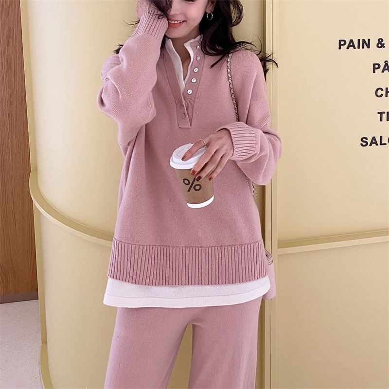 Damenbekleidung High-End-Mode im französischen Stil, lässiger Strickanzug für Damen, Herbst und Winter, lockerer zweiteiliger Hosenanzug mit weitem Bein, zweiteiliger Pullover-Trend_voghion.com