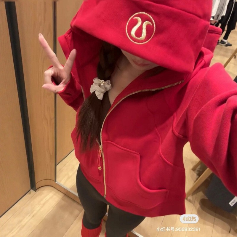 Embroidered Lulu Original Label Scuba Full-Zip Hooded Sweatshirt Loose Fit Long-Sleeve Casual Sports Shirt Fleece-Lined Jacket
