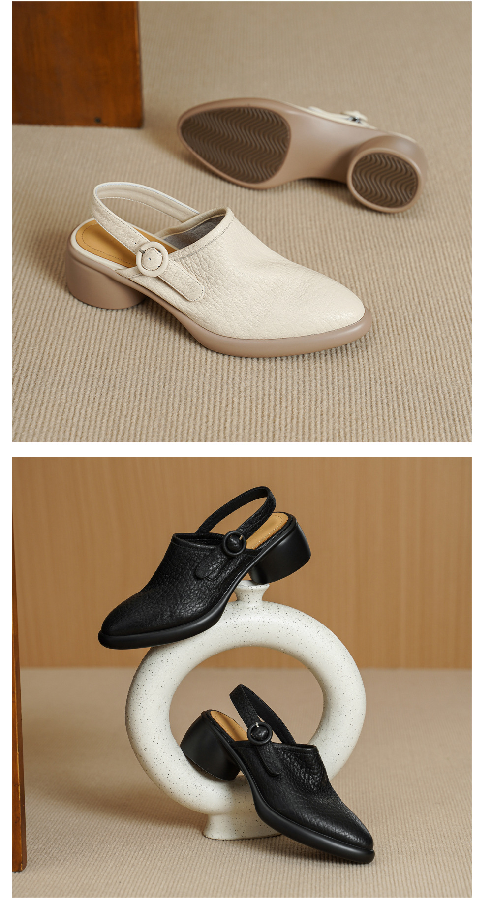 Sandal nữ da dê mũi tròn gót vuông cao 7 cm quai ngang khóa một chữ — đen chi tiết 12