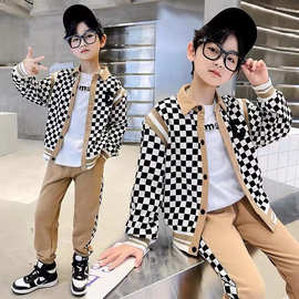 男童秋装套装2023新款中大童网红棋盘格休闲儿童洋气时尚两件套潮