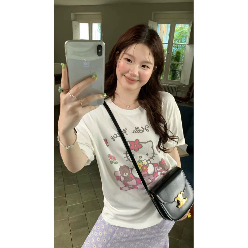 Cute Hellokitty Printed T-Shirt, Casual, Versatile and Comfortable, Short-Sleeved, Pure Cotton, Round Neck, Niche Half-Sleeved Top for Women