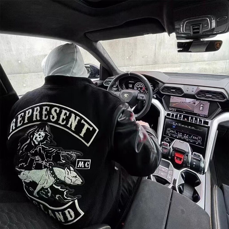 American Style High Street Baseball Suit Jacket New Autumn Evil Dog Embroidered Leather Sleeves Trendy Brand Loose Biker Jacket American Style High Street Baseball Suit Jacket New Autumn Evil Dog Embroidered Leather Sleeves Trendy Brand Loose Biker Jacket