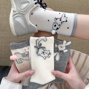 Korean Style Spring and Summer Thin Boneless Cotton Socks Cartoon Animal Three-Dimensional Bow Jewelry Mid-Socks Academic Style Stacked Socks
