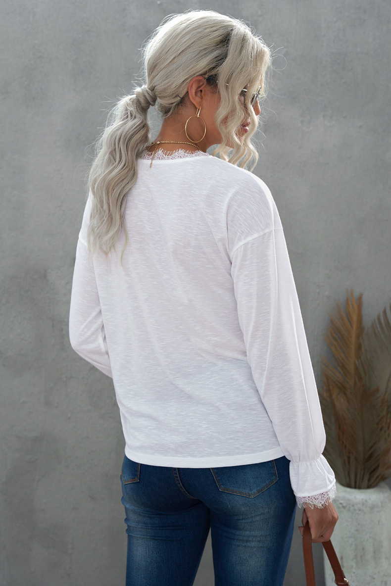 solid color lace V-neck long-sleeved T-shirt nihaostyles wholesale clothing NSQSY87473