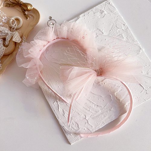New Princess Style Pink Sequined Mesh Diamond Crown Pressure Clip Headband Pressure Clip Streamer Children's Hair Accessories Headwear