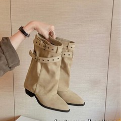 牛皮版~丹麦裤管靴尖头扣带6cm粗跟沙漠牛仔靴子堆堆短靴女西部靴