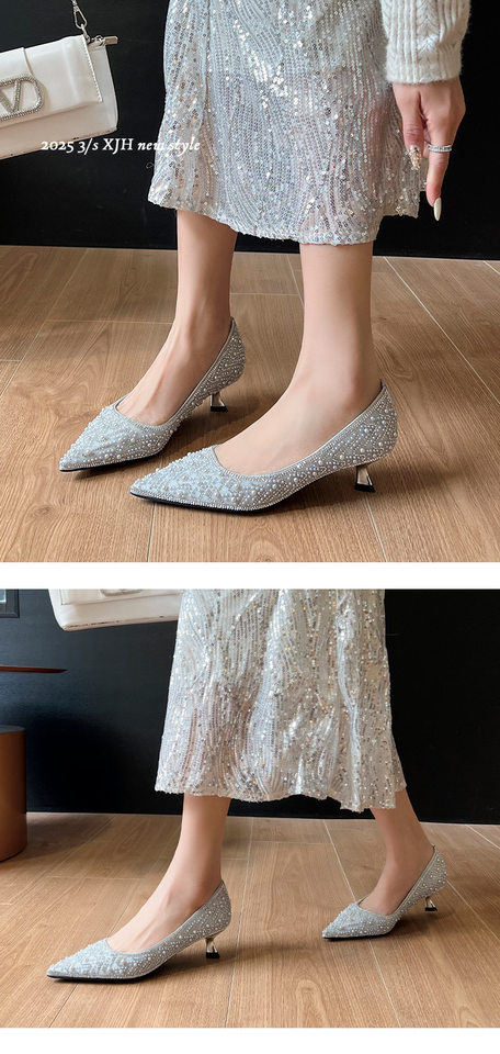 Giày cao gót mũi nhọn đính pha lê sang trọng gót 4,5–6,5 cm — Màu mơ 6.5cm, Màu sâm panh 6.5cm, Màu xám bạc 6.5cm, Màu mơ 4,5 cm chi tiết 11