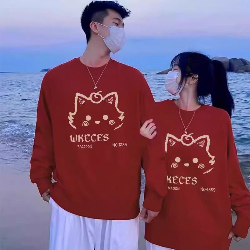 버건디 둥근 목 땀 여자 가을과 겨울 커플 기모 두꺼운 느슨한 후드 홍콩 스타일의 세련된 긴팔 탑