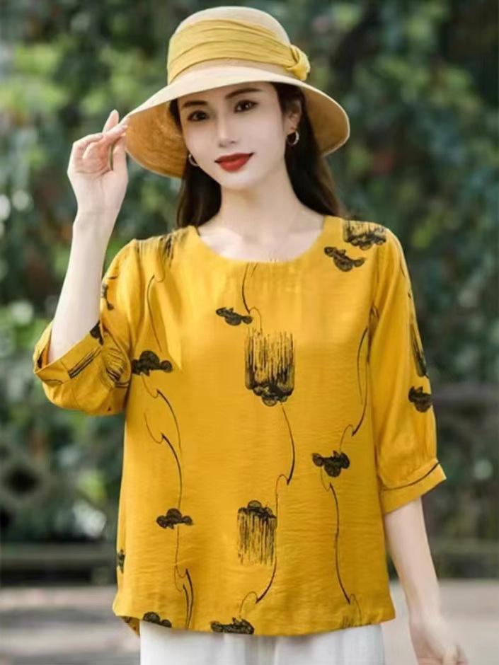 Cross-border nueva camiseta de mujer china impresa de manga media camiseta de mujer de verano camiseta de base de cuello redondo artística ocio image 4