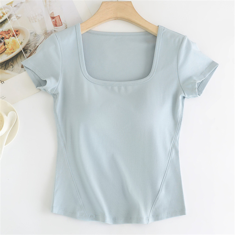 Lyocell Square-Neck Slim-Fit Short-Sleeve T-Shirt for Women, Summer Style with Built-In Chest Pads, High Elasticity, Slimming Base Shirt