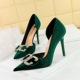 1363-K78 High Heels Slim Heel Shallow Notched Pointed Side Hollow Thickened Suede Rhinestone Button Bow Tie Single Shoe