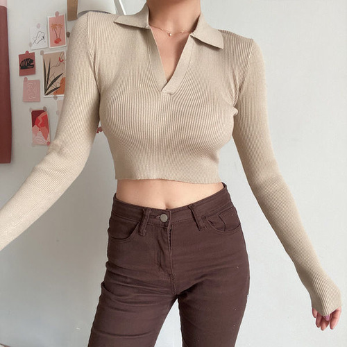 Retro Sexy Short-Sleeve Revealing Polo Collar Base T-Shirt for Women, Spring/Autumn Long-Sleeve Base T-Shirt for Women, Wholesale