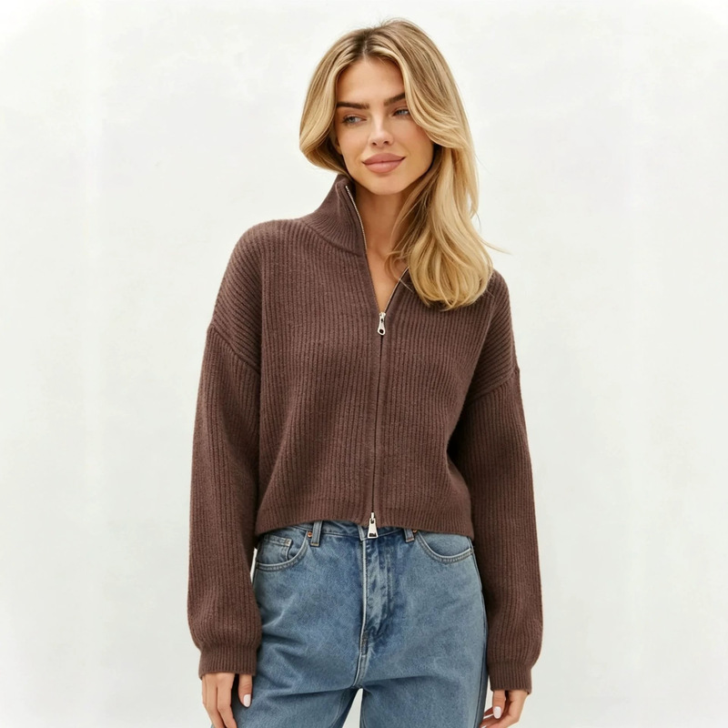 Cross-Border New Style Stand-Up Collar Short Double-Zipper Design Cardigan Top Korean Style Fashionable Casual Long-Sleeved Jacket for Women Cross-Border New Style Stand-Up Collar Short Double-Zipper Design Cardigan Top Korean Style Fashionable Casual Long-Sleeved Jacket for Women
