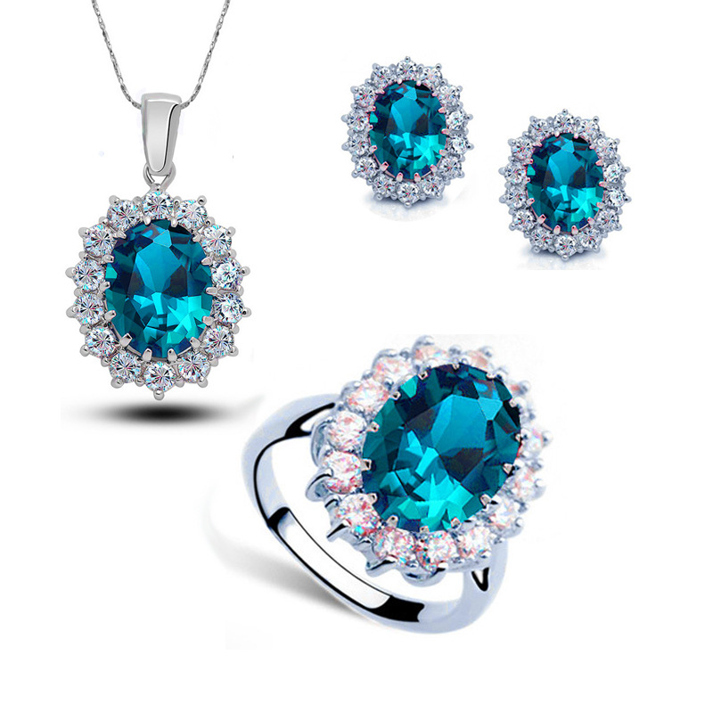 Conjunto de joyas de zirconio para mujer, estilo princesa británica, con collar, aretes y anillo de zafiro, estilo europeo y americano.