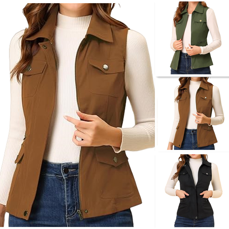 2024 nuevos productos europeos y estadounidenses chaleco de zapatos de mujer chaqueta con cremallera Amazon Cardigan chaqueta Aliexpress bolsillos de color sólido sin mangas