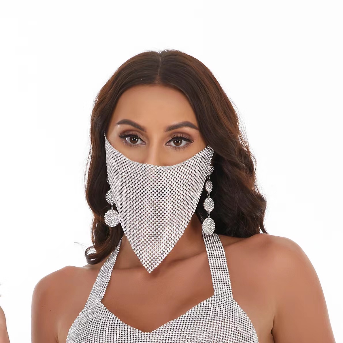 European and American Halloween mask rhinestone mask with diamond triangle towel sun protection cover nightclub mask flash diamond jewelry mask for women