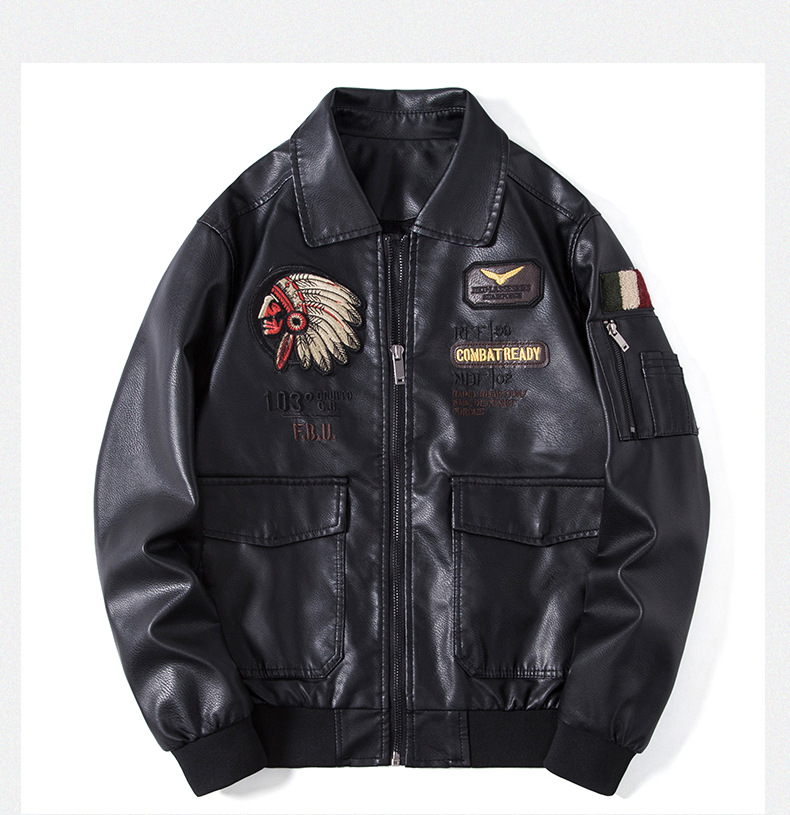 Men's Leather Jacket With Stand Collar Embroidered Motorcycle Style_voghion.com