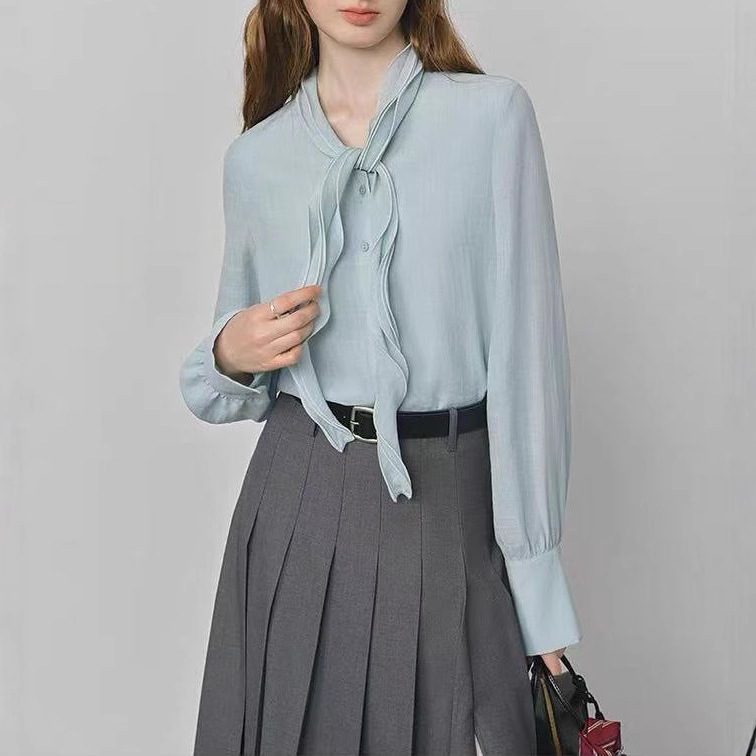 Fansilanen Ruffled Blue Ribbon Shirt Women's 2025 Autumn New Korean Work Clothing V Neck Shirt