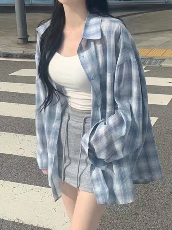 慵懒风复古长袖蓝色格子衬衫设计感宽松休闲春秋polo领上衣外套女|undefined