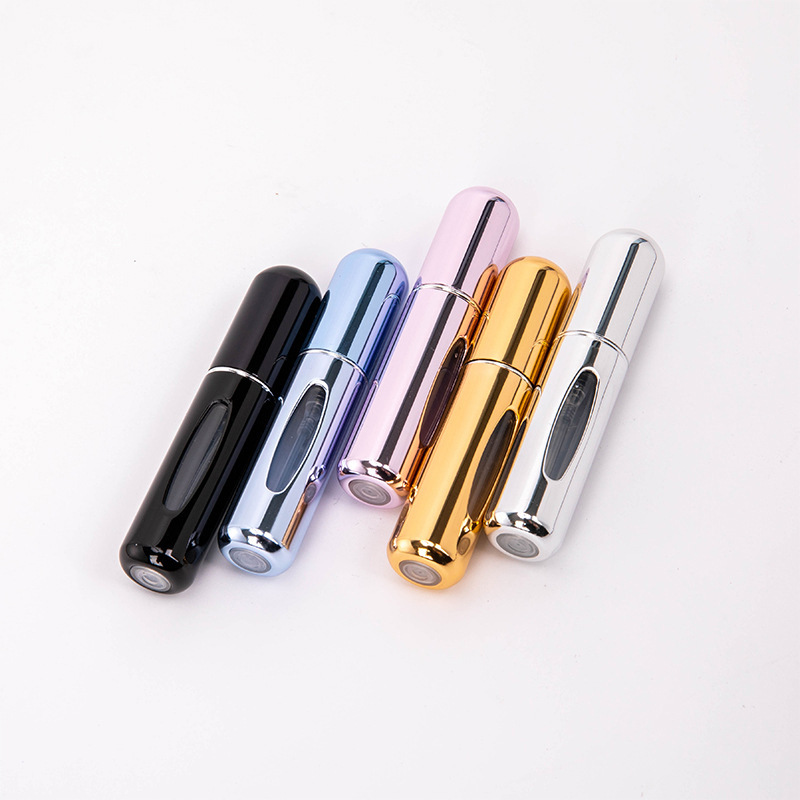 Botella de perfume recargable prefabricada de 5 ml, llenado inferior, tamaño portátil de viaje, botella de spray de perfume de aluminio electroquímico tipo prensa