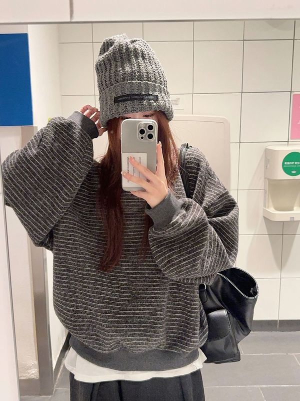 kumikumi设计感圆领条纹长袖套头卫衣女秋季百搭宽松显瘦休闲上衣|undefined