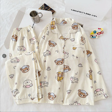 跨境批发睡衣女秋季翻领开衫长袖长裤仿棉卡通大码印花家居服套装