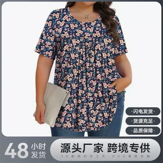 2025外贸亚马逊跨境新款圆领短袖套头大码花卉3D印花女式上衣T恤