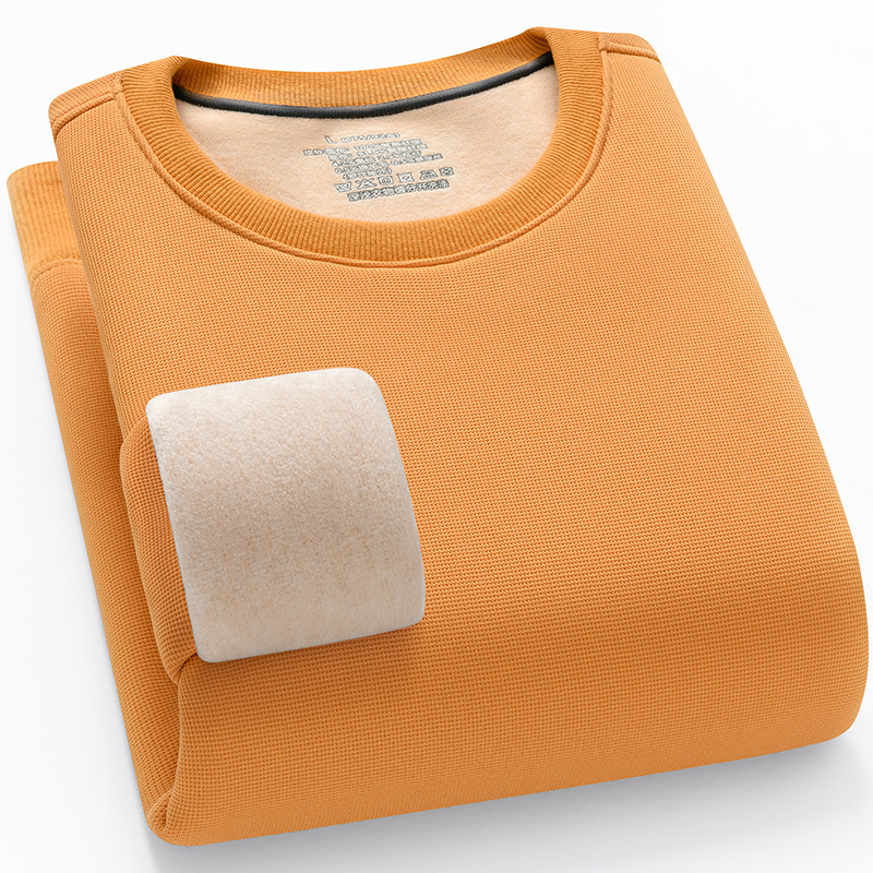 Winter fleece-lined Sweatshirt Men's Long-sleeved Wool Silk Waffles Solid Color Warm Top Round Neck Thickened T-shirt for Men