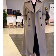 棕色中长款风衣2025外套新款春秋韩版宽松过膝双排毛呢大衣女