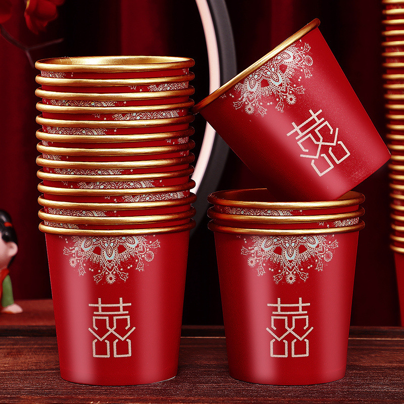 Tazas de papel de boda desechables tazas de boda suministros de boda compromiso de boda gruesa taza de té rojo