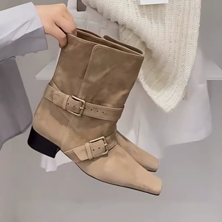 牛皮版韩版小众西部牛仔靴女粗跟小方头短靴交叉皮带扣瘦瘦靴子