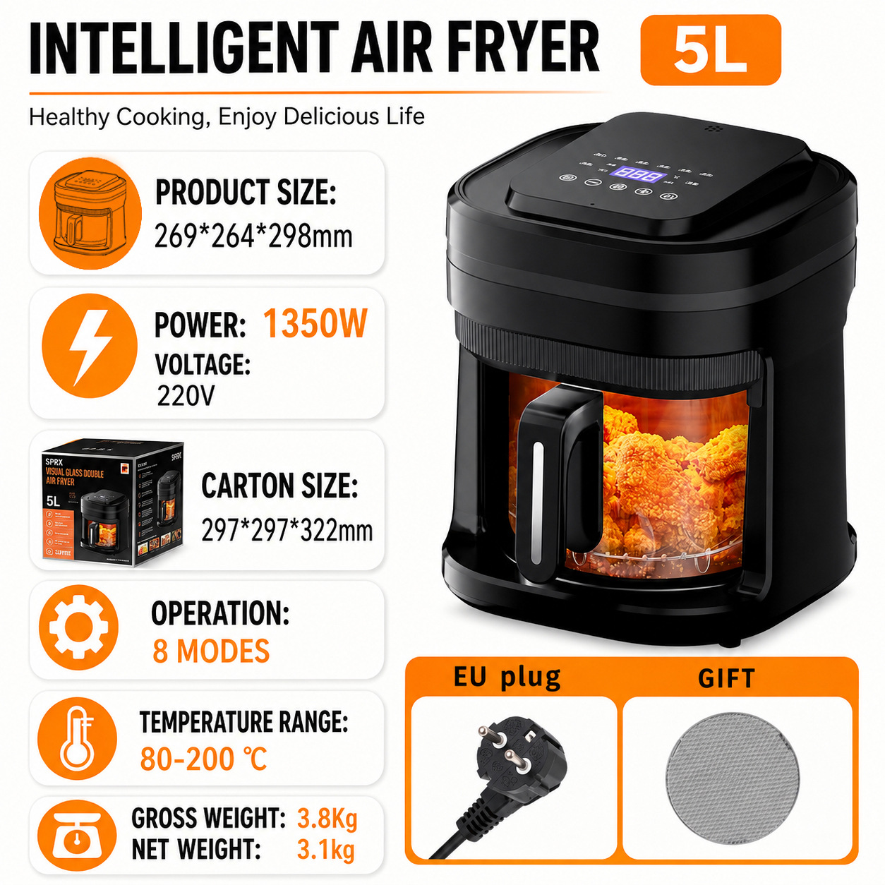 Friteuse à air mécanique à écran tactile 5L - Norme européenne