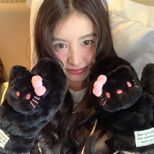 Cute plush gloves for women's autumn and winter cycling warm plus velvet student cycling thickened windproof and cold-proof halter neck mittens