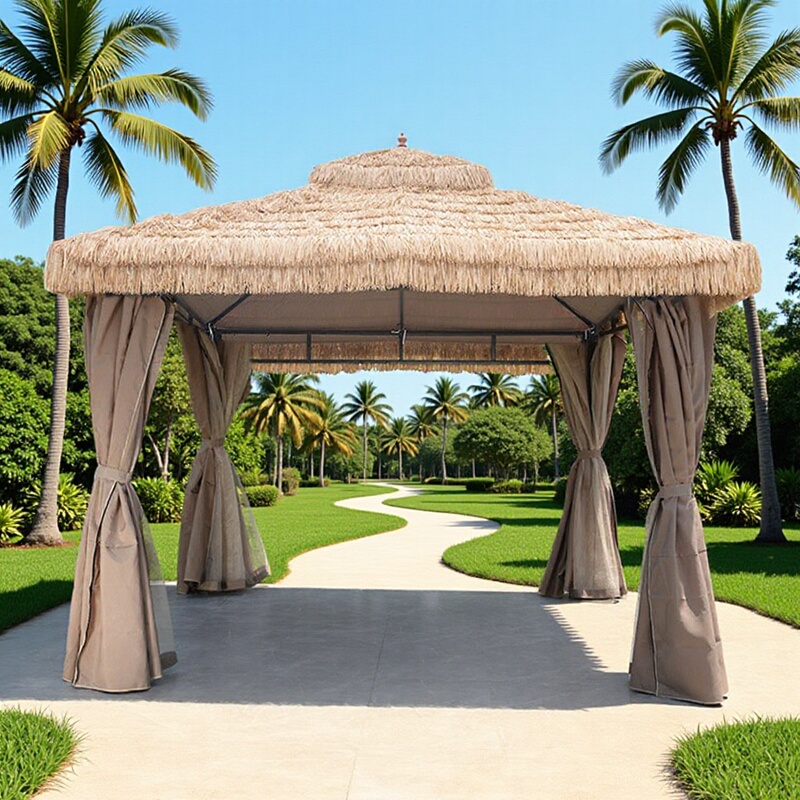 Simulated Thatched Roof Outdoor Gazebo, Courtyard Four-Corner Leisure Pavilion, Scenic Area Farmhouse Sunshade Canopy Wholesale