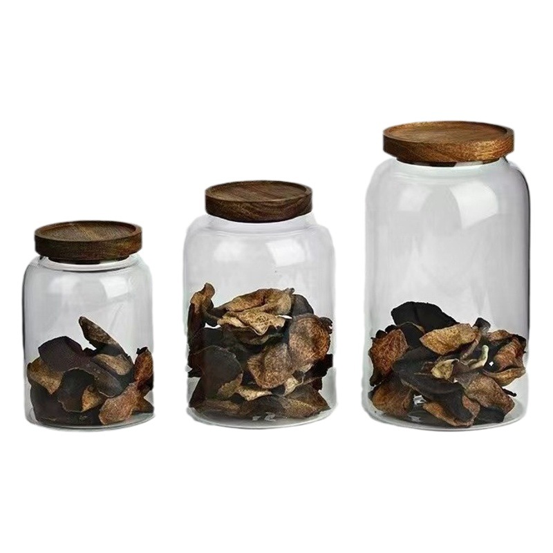 Tanque de sellado con tapa latas de té de vidrio de borosilicato latas de cáscara de naranja para el hogar Cubierta de madera de acacia latas de granos diversos resistentes al calor