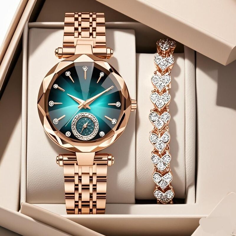 Cross-Border Hot-Selling Steel Band Watch with Distinctive Pointed Glass, Gradient Diamond Face, Women's Business Accessory Set, Quartz Watch