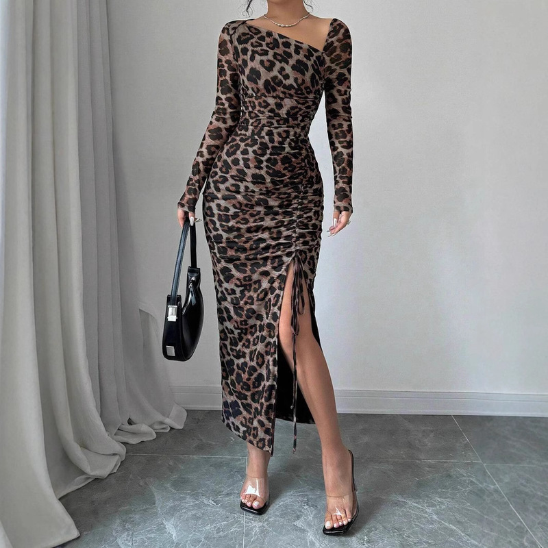European and American Style Women's Clothing 2025 Spring and Summer New Fashion Sexy Long-Sleeved Slim Leopard Print Drawstring Hip Dress