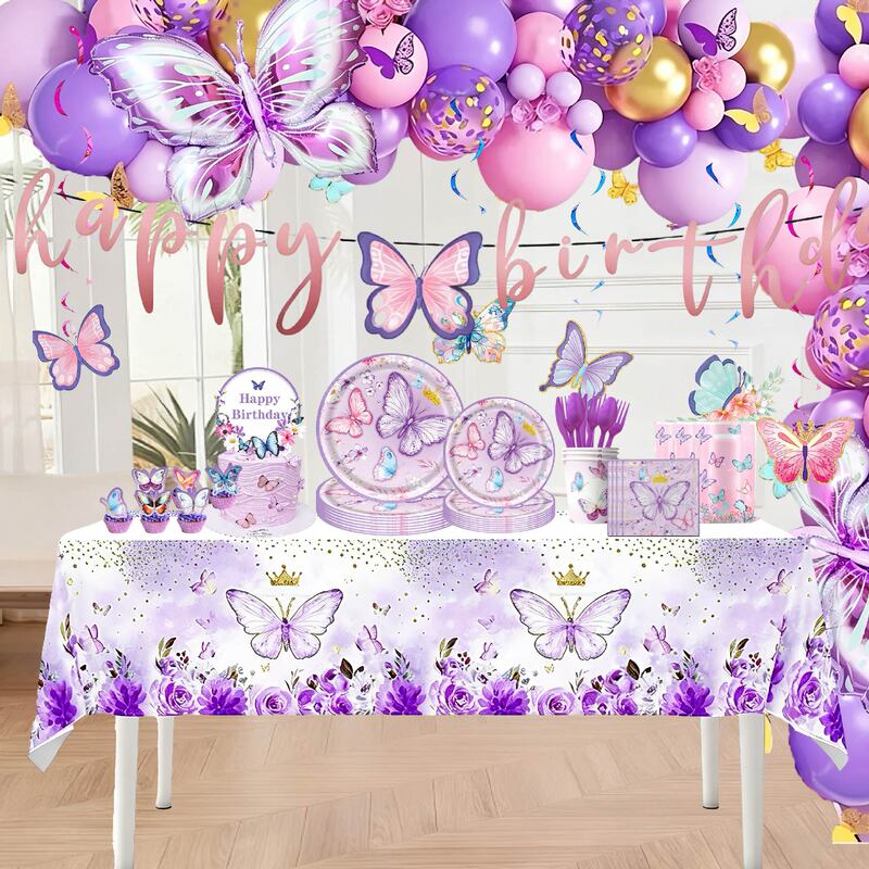 In-Stock Purple Butterfly Theme Party Decoration Supplies Birthday Paper Plates Paper Cups Bunting Balloons Disposable Tableware Set In-Stock Purple Butterfly Theme Party Decoration Supplies Birthday Paper Plates Paper Cups Bunting Balloons Disposable Tableware Set