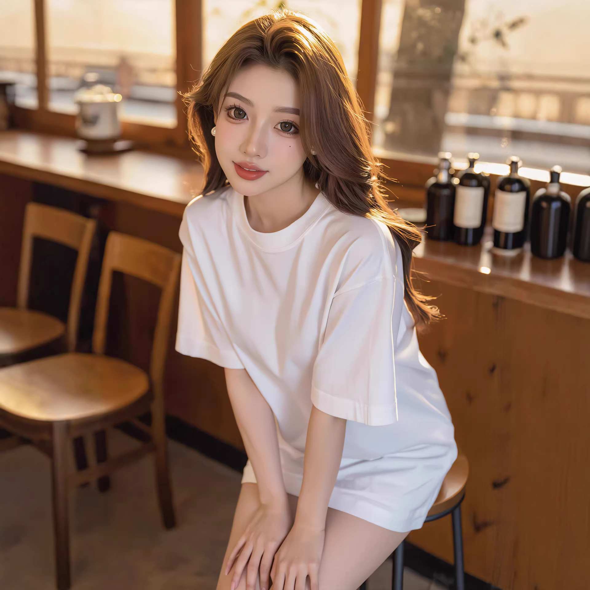 夏季纯棉短袖T恤女新款纯色圆领落肩宽松休闲百搭光板体恤打底衫详情3