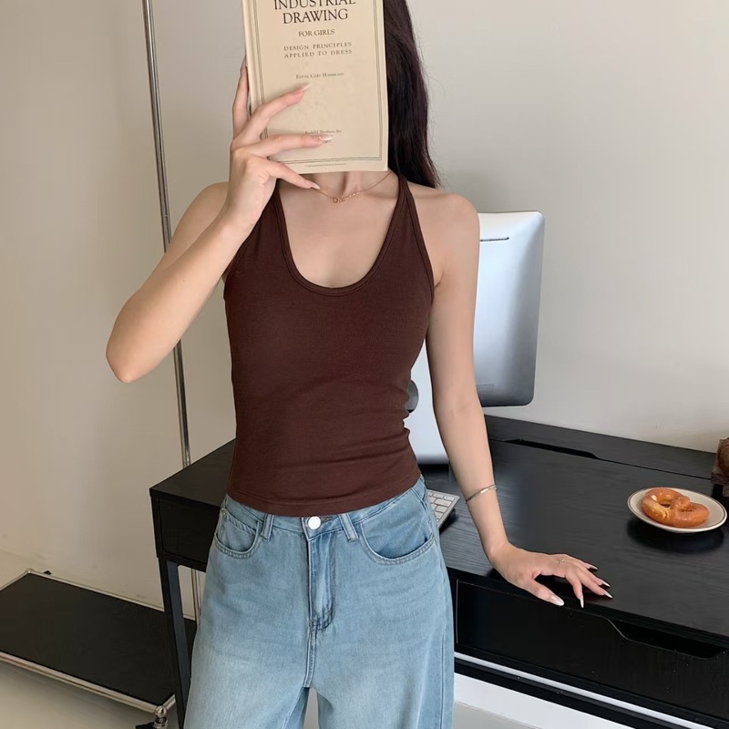 暖小艾588法式挂脖新款辣妹背心女带胸垫纯欲撞色显瘦外穿内搭|undefined