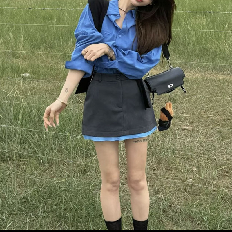 草原娜日泡菜顶制灰色蓝边西装半裙+chic格调衬衣+披肩套装女秋季|undefined