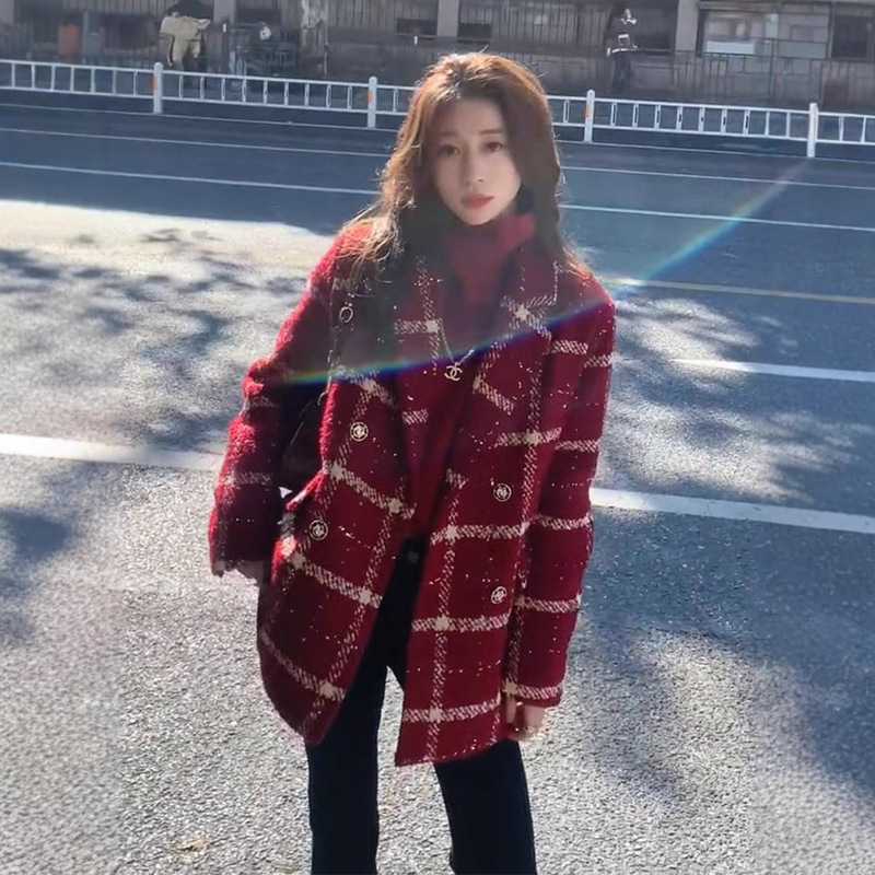 2024 Autumn New Woolen Jacket Women's Red Plaid Slim Fit Small Suit Top