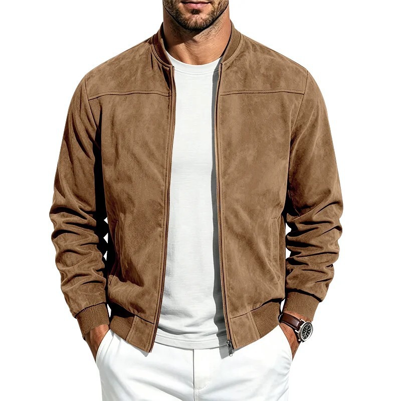 Cross-border autumn men's fashion: American-style solid-color suede bomber jacket with a baseball collar and zipper Cross-border autumn men's fashion: American-style solid-color suede bomber jacket with a baseball collar and zipper