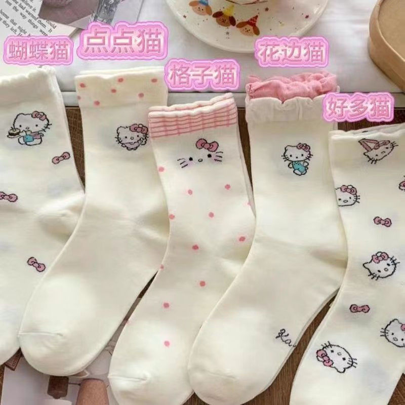 夏季日系甜美卡通花边长袜白色薄款ins中筒袜女kt猫袜子女中筒袜|undefined