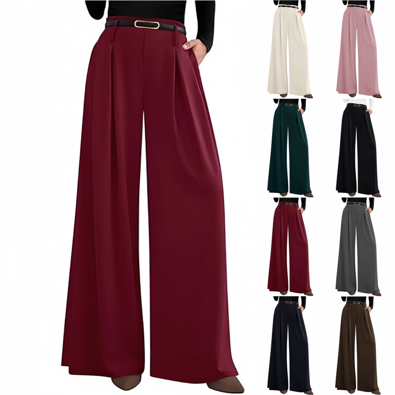 Cross-Border European and American Amazon Women's Wide-Leg High-Waisted Loose Long Flowing Straight-Leg Dress Pants Work Trousers with Pockets Cross-Border European and American Amazon Women's Wide-Leg High-Waisted Loose Long Flowing Straight-Leg Dress Pants Work Trousers with Pockets
