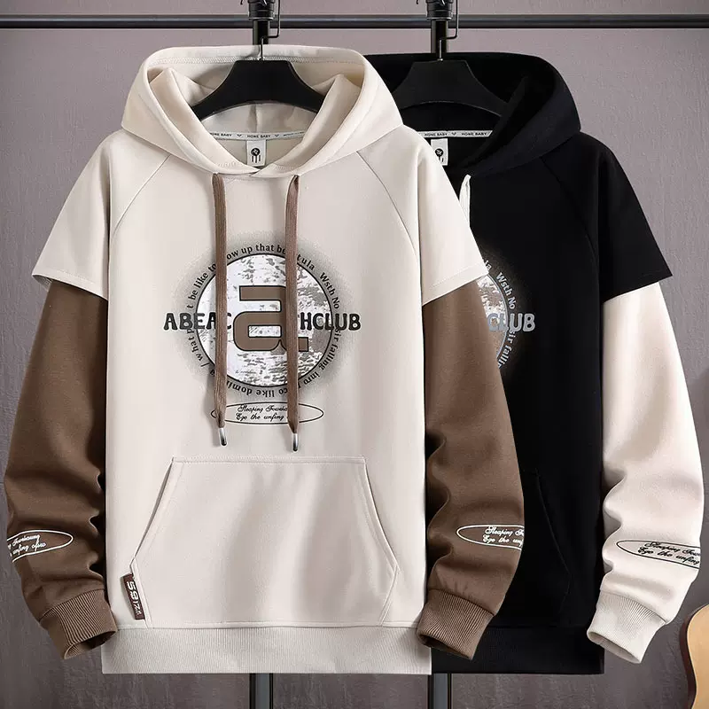 2024新款潮流连帽卫衣男士春秋季潮牌假两件拼接外套宽松休闲上衣