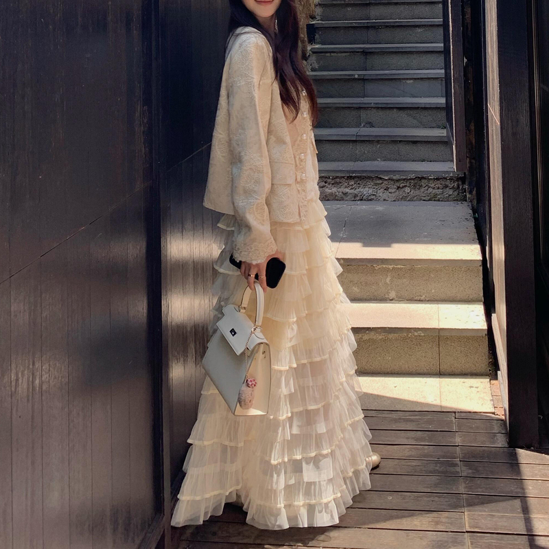 Apricot French Mesh Cake Skirt Long Skirt for Women 5 Autum Elastic Waist Slimming Look Versatile Tutu Skirt