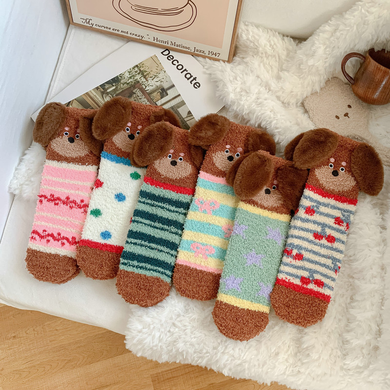 Autumn and Winter Girls' Cute Dachshund Doll Furry Coral Warm Thickeneded Sleep Socks Mid-Length Home Floor Socks