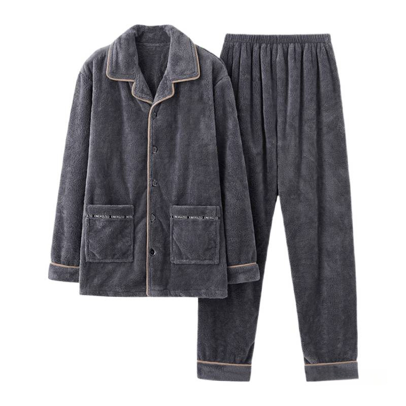 Otoño y invierno para hombres pijamas de terciopelo de coral gruesas con terciopelo de calor de manga larga franellas set de ropa de hogar se puede usar fuera